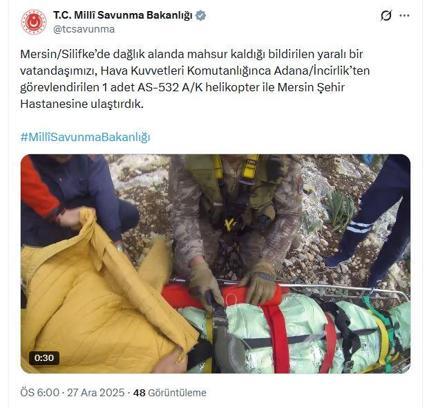 Dağlık alanda mahsur kalan vatandaş, askeri helikopterle hastaneye ulaştırıldı