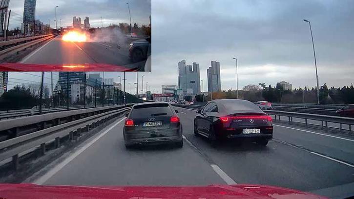 Şişli’de makas atan sürücü bariyerlere çarptı; alev alan aracın motoru yola fırladı