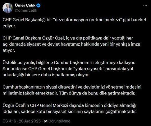 AK Parti'li Çelik: Özgür Özel, yaptığı her açıklamada yeni bir yanlışa imza atıyor