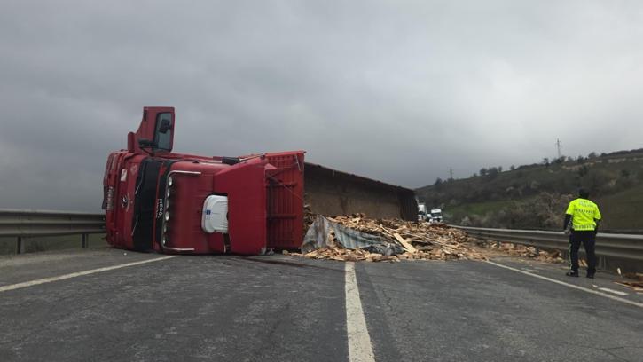 Devrilen ahşap yüklü TIR’ın şoförü yaralandı
