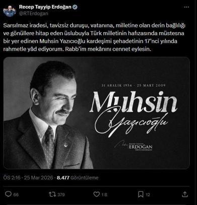 Cumhurbaşkanı Erdoğan, Muhsin Yazıcıoğlu'nu andı