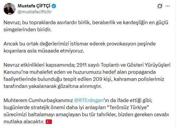 Nevruz'da terör propagandası yapan 209 şüpheliye gözaltı