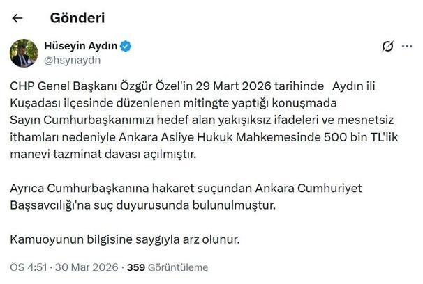 Cumhurbaşkanı Erdoğan'dan Özgür Özel'e tazminat davası