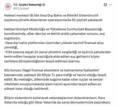 Hakkari merkezli 18 ilde 'yasa dışı bahis' operasyonu: 52 gözaltı