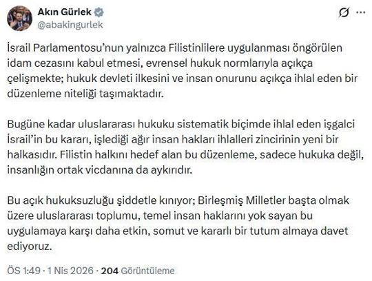 Bakan Gürlek: Yalnızca Filistinlilere uygulanan idam cezası evrensel hukukla açıkça çelişmekte