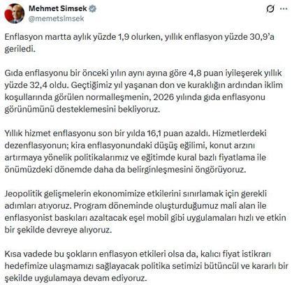 Bakan Şimşek: Enflasyonist baskıları azaltacak uygulamaları devreye alıyoruz