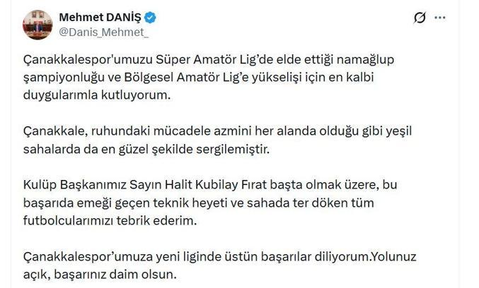 RTÜK Başkanı Daniş, Süper Amatör Lig’de şampiyon olan Çanakkalespor'u kutladı