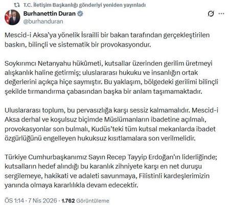 İletişim Başkanı Duran: Mescid-i Aksa’ya yönelik baskın, bilinçli ve sistematik bir provokasyondur