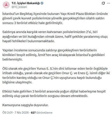 İçişleri Bakanlığı, İstanbul'da etkisiz hale getirilen 3 teröristin kimliğini açıkladı