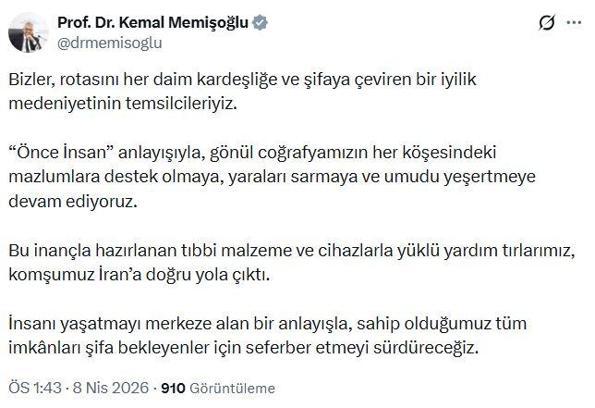 Bakan Memişoğlu: Tıbbi yardım yüklü TIR'larımız İran'a yola çıktı