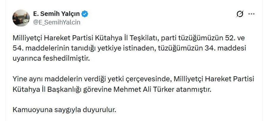 MHP'li Yalçın: Kütahya İl Teşkilatı feshedildi