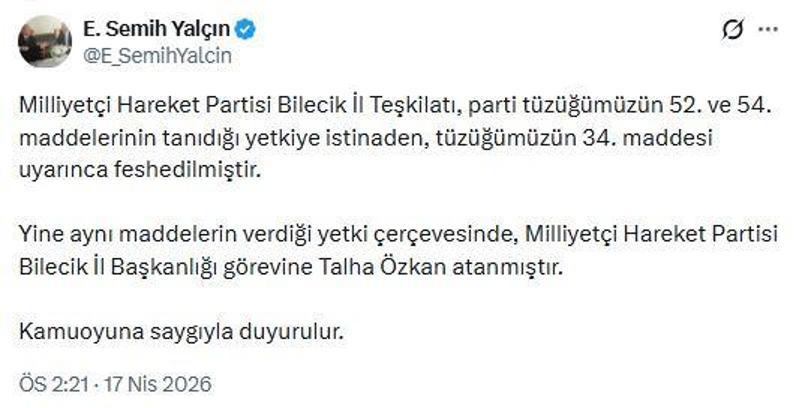 MHP'li Yalçın: Bilecik İl Teşkilatı feshedildi