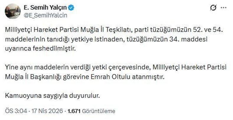 MHP'li Yalçın: Muğla İl Teşkilatı feshedildi
