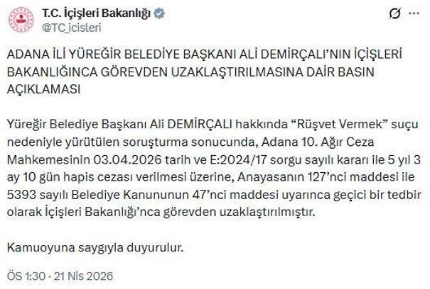 Yüreğir Belediye Başkanı Demirçalı, görevden uzaklaştırıldı