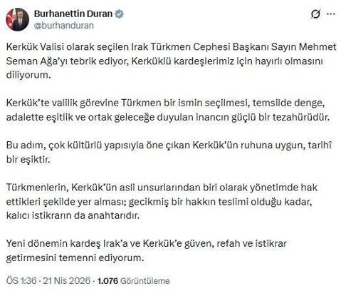 İletişim Başkanı Duran'dan Kerkük Valisi seçilen Mehmet Seman Ağa'ya tebrik
