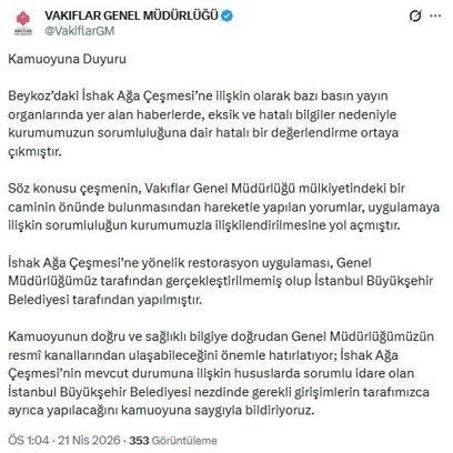 Vakıflar Genel Müdürlüğü'nden 'İshak Ağa Çeşmesi' açıklaması