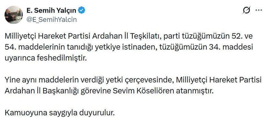 MHP, Ardahan Teşkilatı'nı feshetti