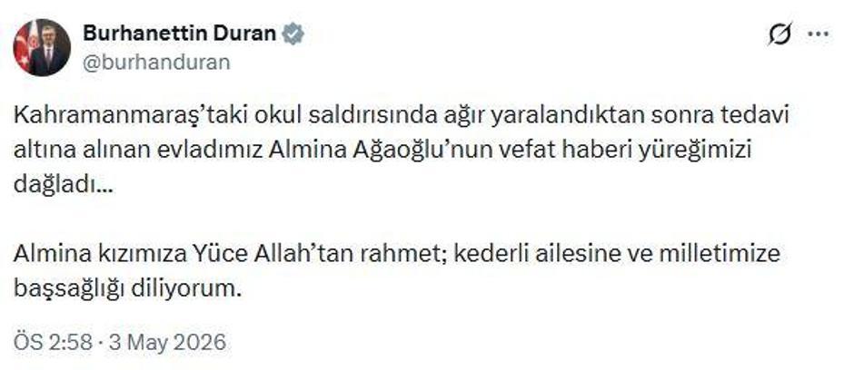 İletişim Başkanı Duran'dan okuldaki saldırının ardından yaşamını yitiren Almina için başsağlığı
