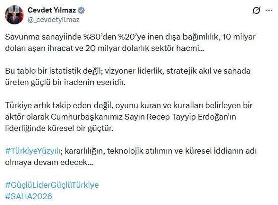 Cevdet Yılmaz: Türkiye savunma sanayinde küresel güçtür