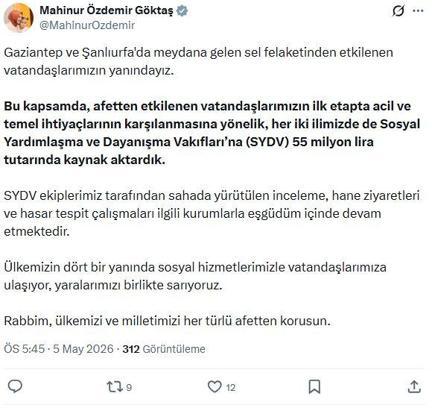 Bakan Göktaş: Gaziantep ve Şanlıurfa'daki sel felaketine ilişkin 55 milyon lira kaynak aktardık