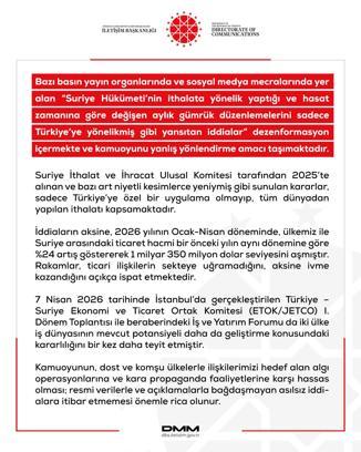 DMM'den Suriye'nin gümrük düzenlemelerine ilişkin dezenformasyon açıklaması