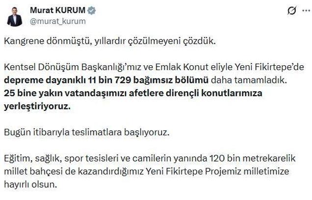 Bakan Kurum: Fikirtepe’de 11 bin 729 bağımsız bölümünün teslimatları başlıyor