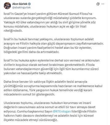 Bakan Gürlek: İsrail, hukuka aykırı eylemlerine derhal son vermeli