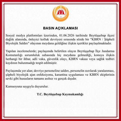 Beytüşşebap Kaymakamlığı'ndan 'KBRN saldırısı' iddiasına yalanlama