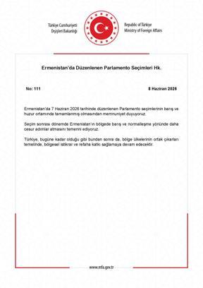 Dışişleri’nden Ermenistan’daki parlamento seçimlerine ilişkin açıklama