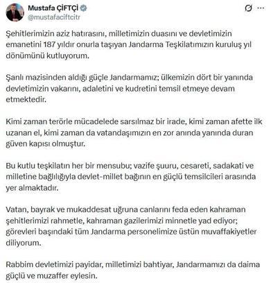 Bakan Çiftçi, Jandarma Teşkilatı'nın kuruluş yıl dönümünü kutladı