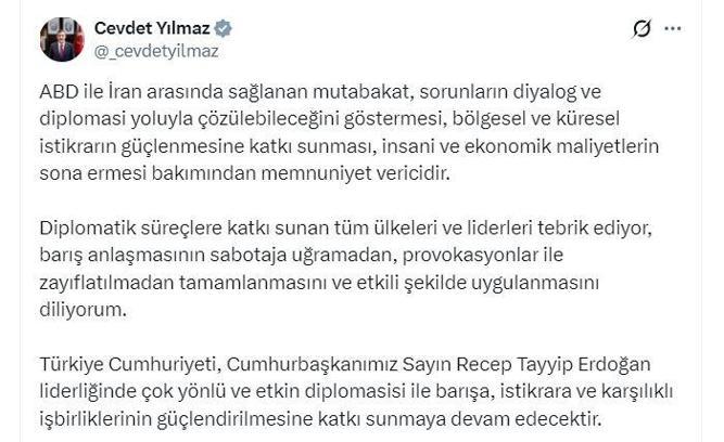 Cevdet Yılmaz: ABD ile İran arasında sağlanan mutabakat, memnuniyet verici