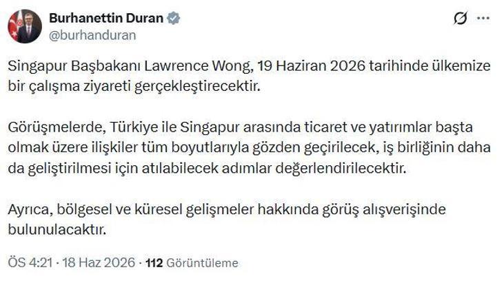 Singapur Başbakanı Wong, Türkiye'ye gelecek