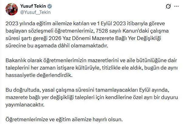 Bakan Tekin'den 'Mazerete Bağlı Yer Değişikliği' açıklaması