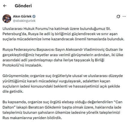 Bakan Gürlek: İade taleplerimizi Rus makamlarına bildirdik
