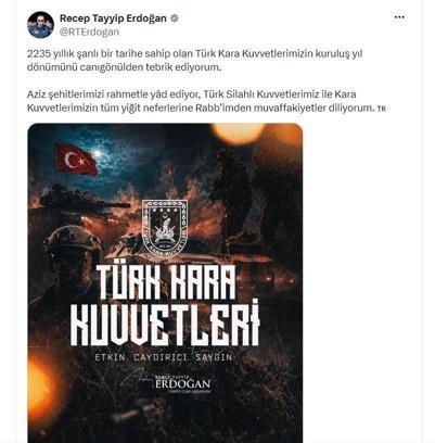 Cumhurbaşkanı Erdoğan, Kara Kuvvetleri'nin kuruluş yıl dönümünü kutladı