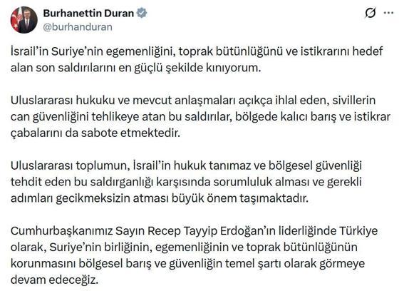 İletişim Başkanı Duran: İsrail’in, Suriye’nin egemenliğini hedef alan saldırılarını kınıyorum