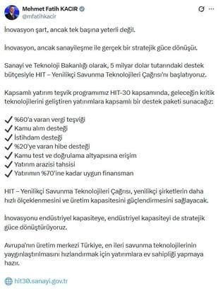 Bakan Kacır, 'HIT-Yenilikçi Savunma Teknolojileri Çağrısı'nı duyurdu