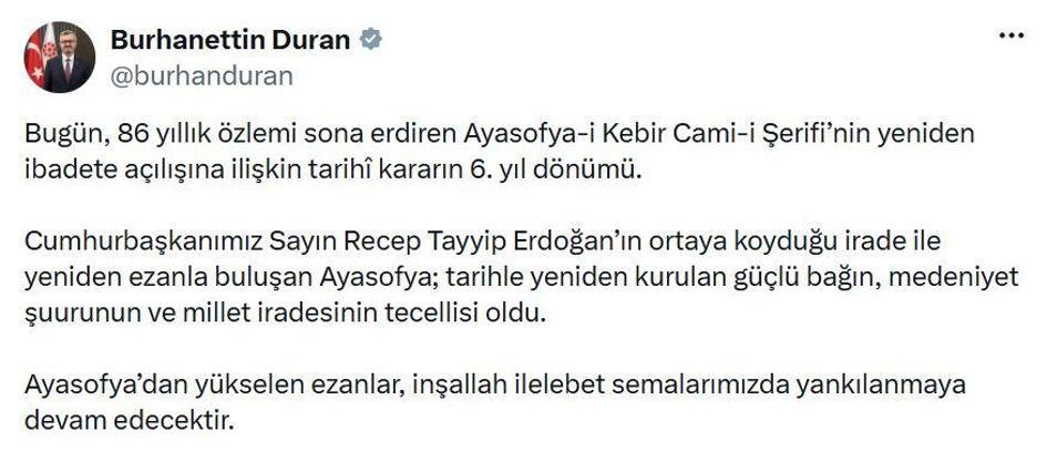 İletişim Başkanı Duran'dan 'Ayasofya' açıklaması