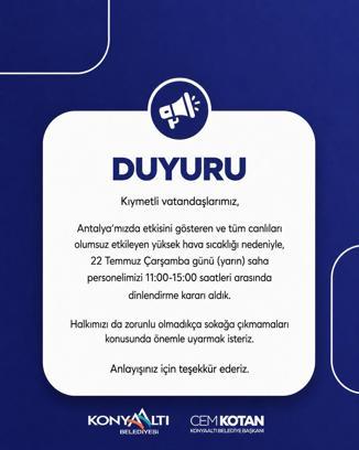 Konyaaltı Belediyesi’nden sıcak hava tedbiri; saha personeli dinlendirilecek