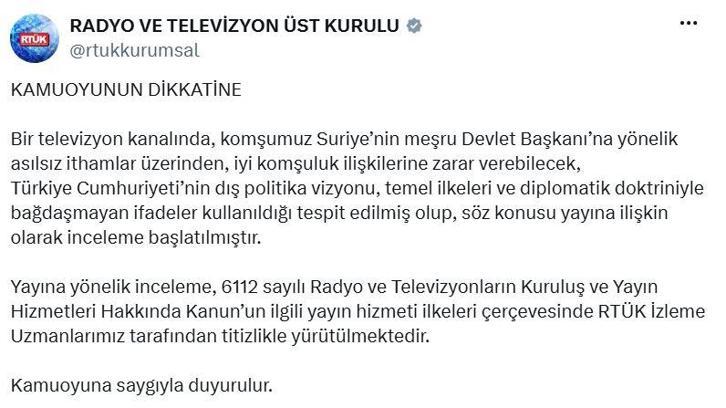 RTÜK'ten Suriye Devlet Başkanı Şara'ya yönelik ithamlara inceleme