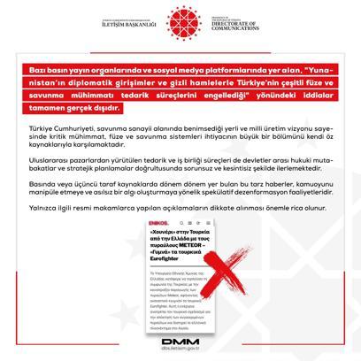 DMM: Yunanistan’ın, Türkiye’nin füze ve mühimmat tedarikini engellediği iddiası gerçek dışıdır