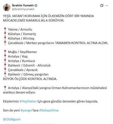 Yalova, Kütahya ve Çanakkale yangınları tamamen kontrol altına alındı