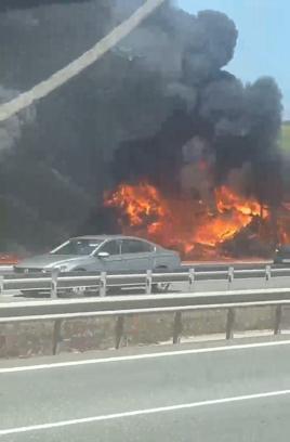 Çatalca'da lastik yüklü TIR'ın dorsesi yandı; alevler tarım arazisine sıçradı