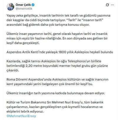 AK Parti'li Çelik'ten Aspendos'ta bulunan 'Asklepios' heykeline ilişkin paylaşım
