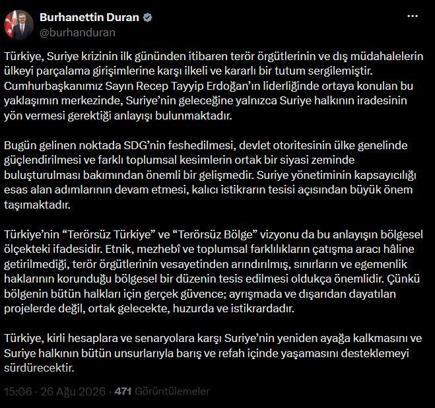 İletişim Başkanı Duran: Türkiye, Suriye’ye desteğini sürdürecek