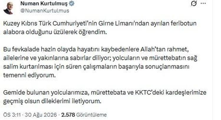 TBMM Başkanı Kurtulmuş'tan Girne'de batan gemiye ilişkin açıklama