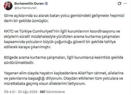 İletişim Başkanı Duran'dan Girne'de batan gemiye ilişkin açıklama