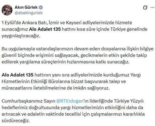 Adalet Bakanı Gürlek: 'Alo Adalet 135' hattını kısa süre içinde Türkiye genelinde yaygınlaştıracağız
