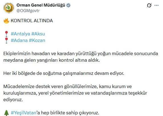 OGM: Aksu ve Kozan yangınları kontrol altına alındı