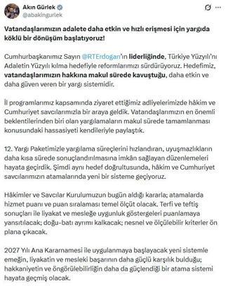 Bakan Gürlek: Hakim ve savcı atamalarında hizmet puanı temel ölçüt olacak